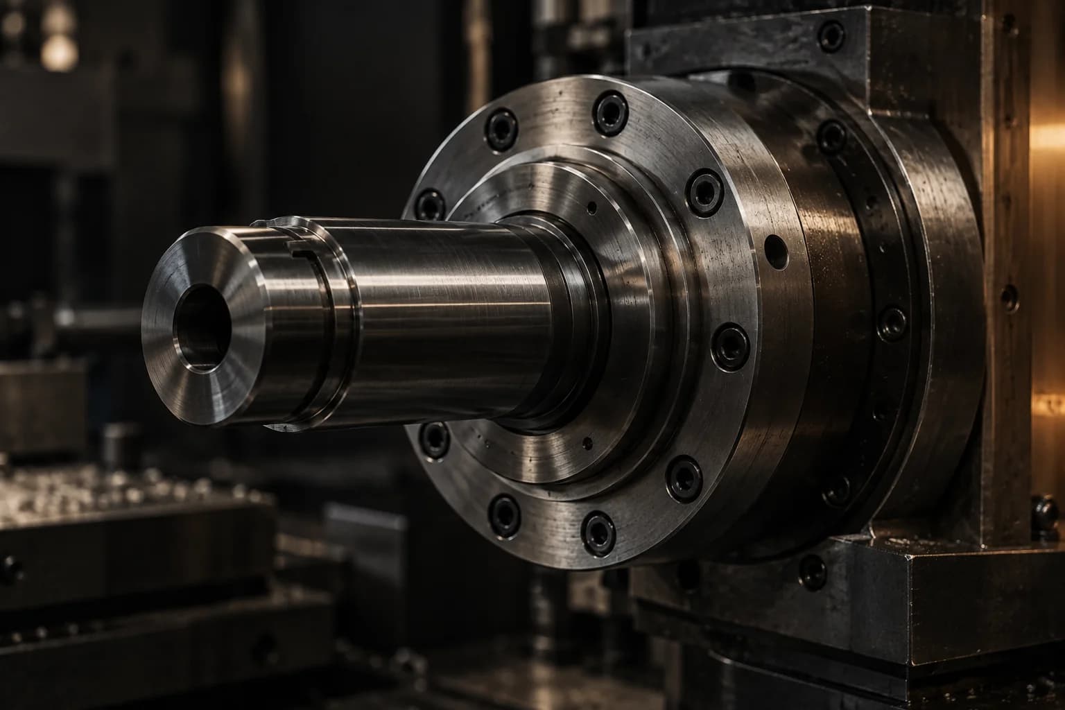 Machined steel spindle with a bolted flange.